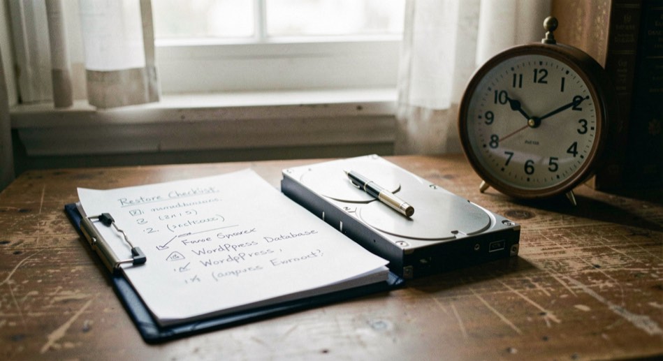 A backup drive, restore checklist and WordPress database export beside a clock
