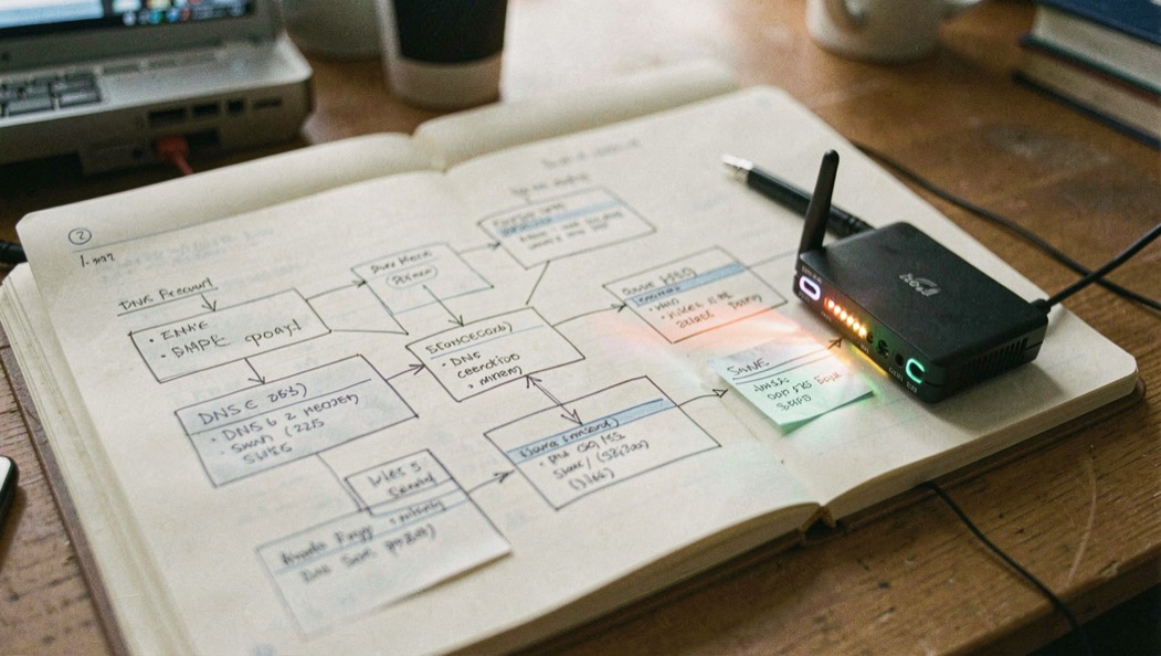 A network diagram notebook with DNS record cards and a small illuminated router