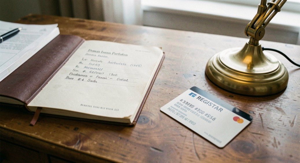 A labeled domain portfolio ledger beside a registrar keycard and a brass desk lamp