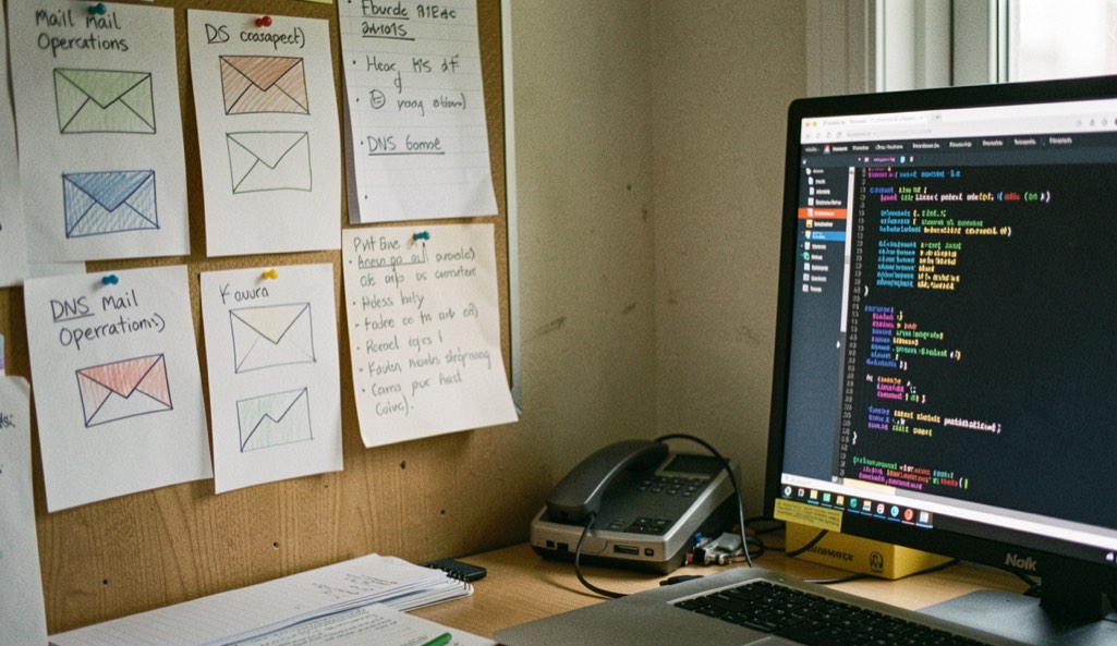 A mail operations desk with envelope icons, DNS notes and an open terminal window