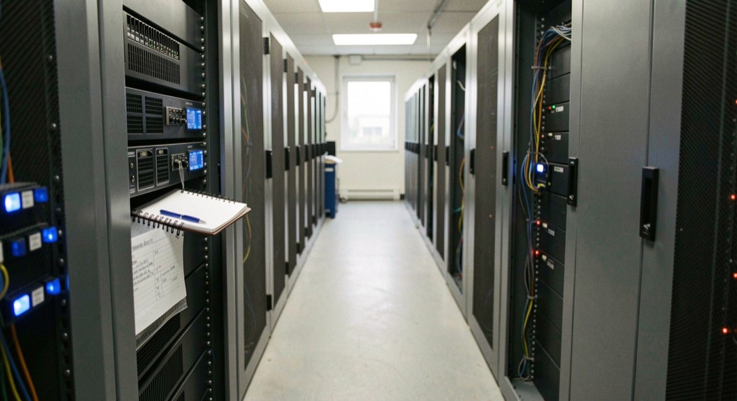 A server room aisle with a maintenance notebook and blue status lights