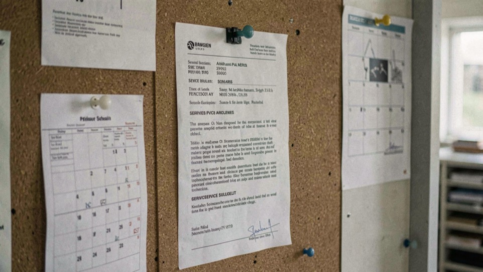 A printed price sheet and service bulletin pinned to a research board with a calendar