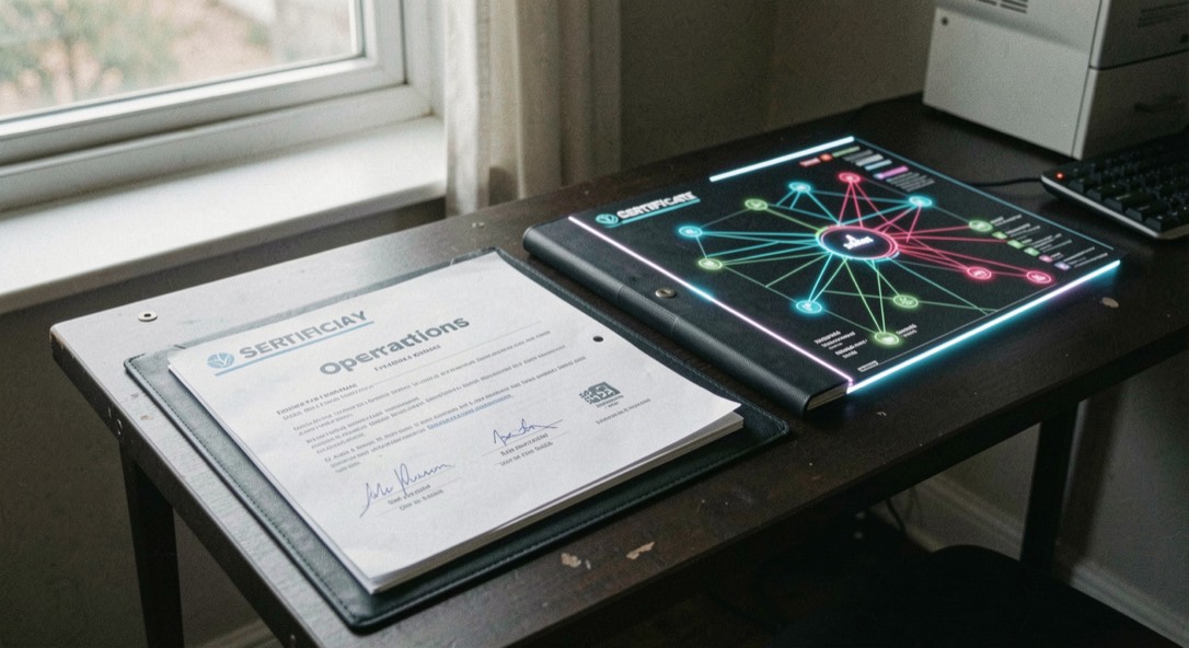 A dark security operations desk with a certificate folder and a glowing edge network map