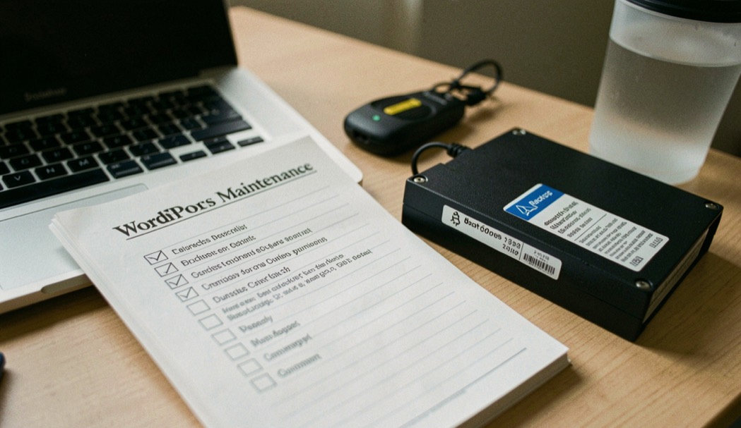 A WordPress maintenance checklist beside a laptop and a labeled backup drive