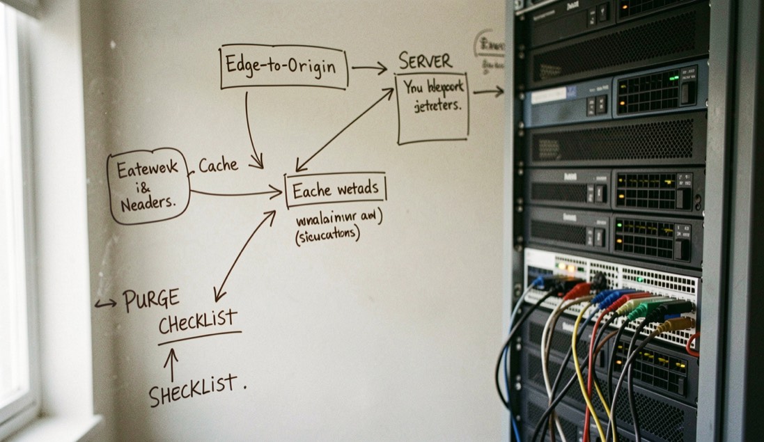 An edge-to-origin network sketch with cache headers, a server rack and a purge checklist
