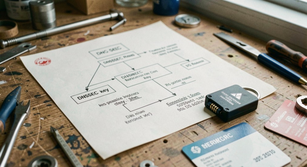 A DNSSEC key diagram on a workbench with a DS record card and a secure hardware token
