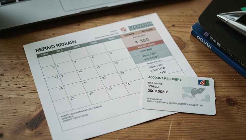 A domain renewal calendar, registrar invoice and account recovery card arranged on a wooden desk