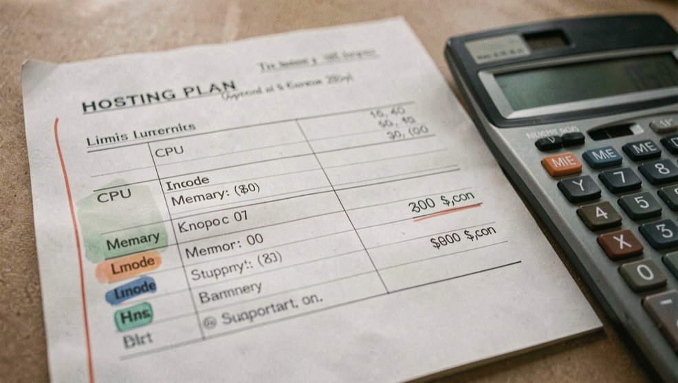 A hosting plan sheet with CPU, memory, inode and support limits highlighted beside a calculator
