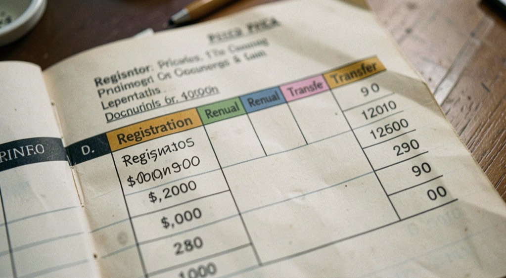 A dated registrar price ledger with registration, renewal and transfer columns marked in different colors