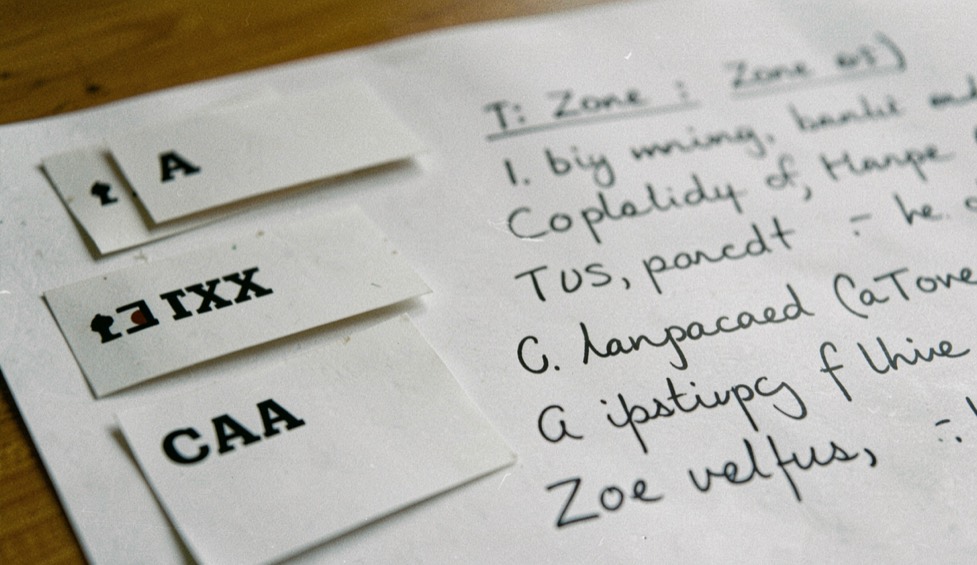 Close view of DNS record cards labeled A, MX, TXT and CAA beside a handwritten zone file