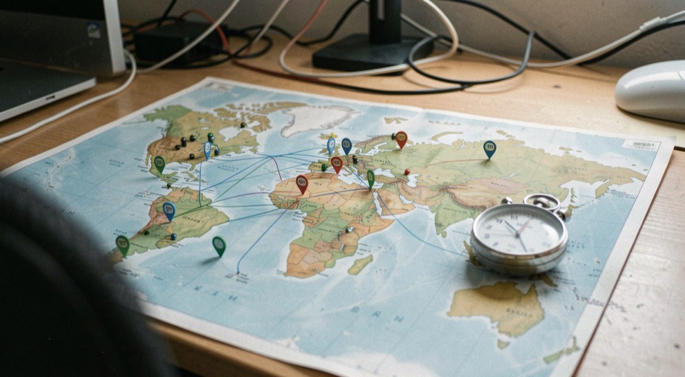 A world map with server location pins, route lines and a small stopwatch on a network desk
