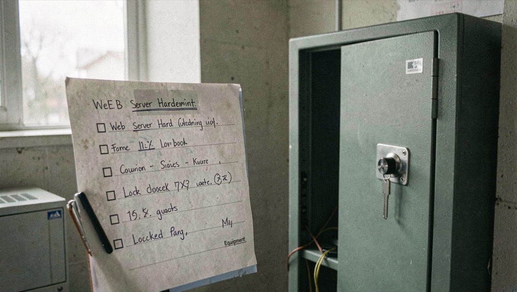 A web server hardening checklist, logbook and locked equipment cabinet in a quiet operations room