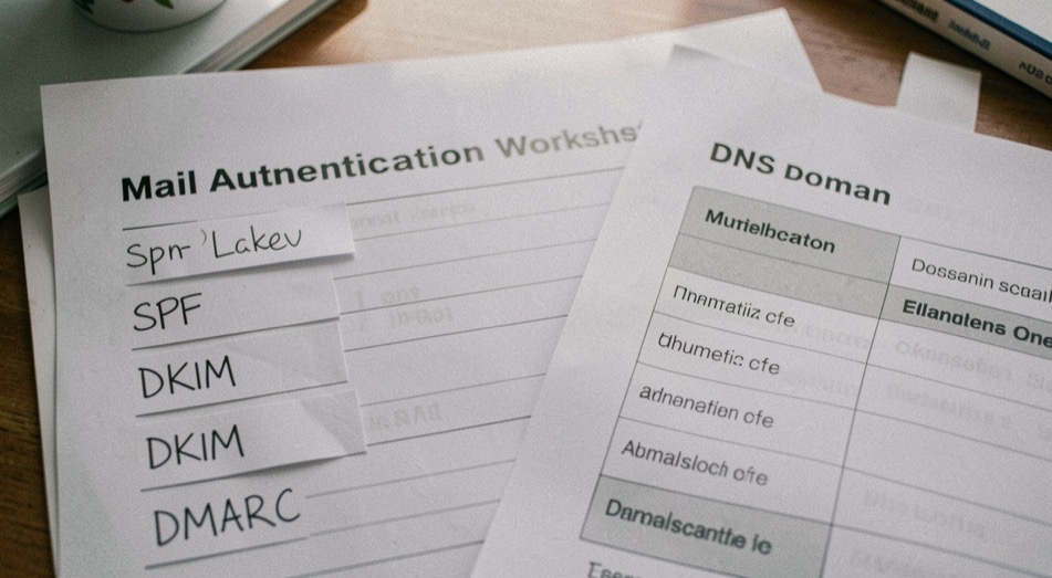A mail authentication worksheet with SPF, DKIM and DMARC labels beside a domain DNS panel