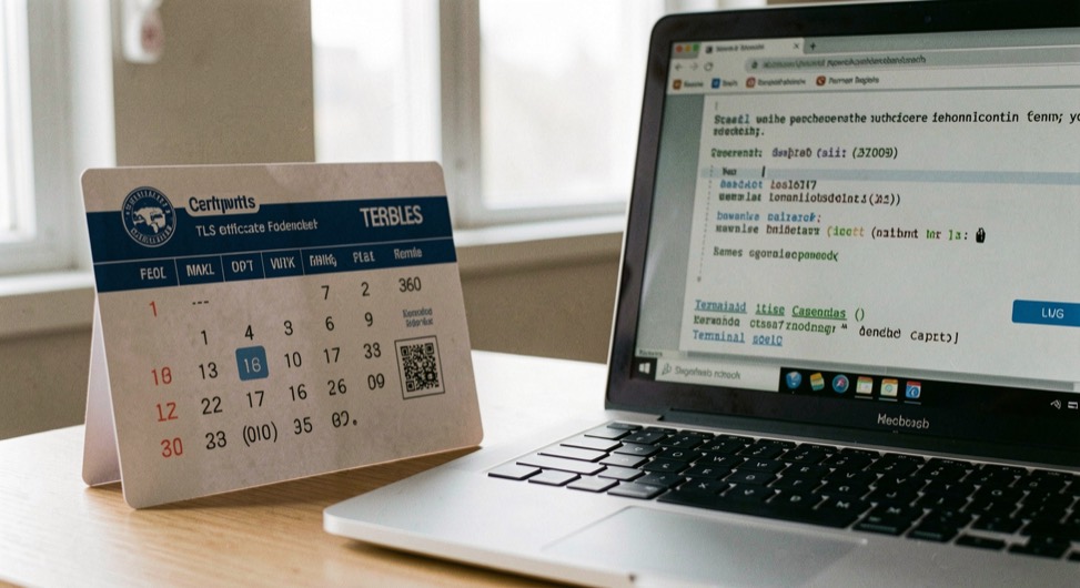 A TLS certificate folder, renewal calendar and terminal command card beside a secure laptop