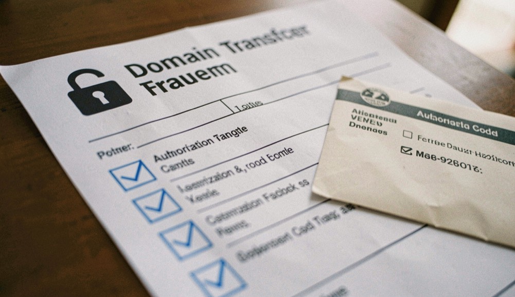 A domain transfer form with a lock symbol, authorization code envelope and a blue checklist