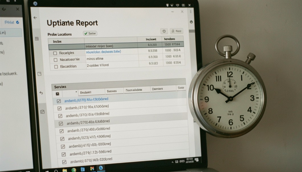 An uptime report with probe locations, incident windows and a stopwatch beside a server log